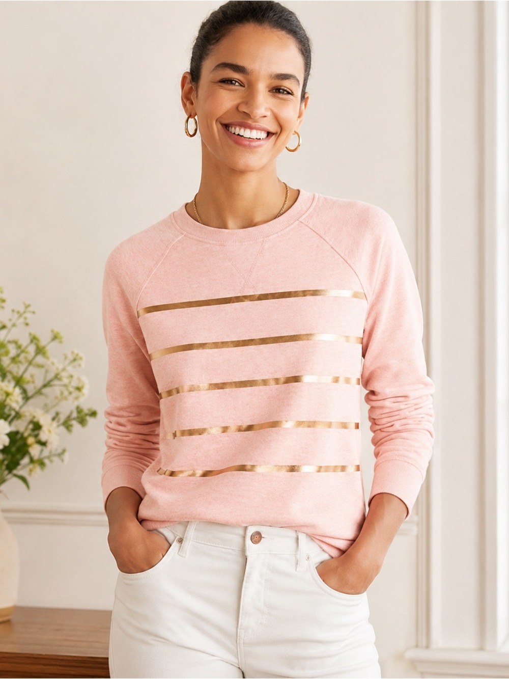 Boden Pink Marl Gold Foil Stripe Cotton Sweatshirt Crewneck M retro preppy fem